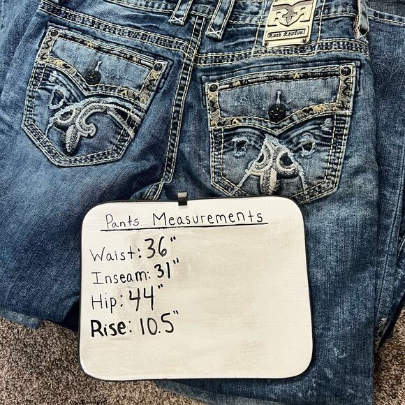 Men's Distressed Rock Revival Pruitt Straight Leg Blue Denim Jeans Embroidered - Picture 8 of 8